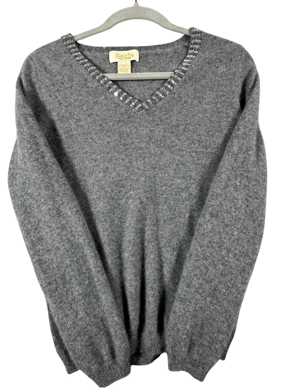 Peck & Peck Gray Cashmere V-Neck Sweater with Rhinestone Trim
